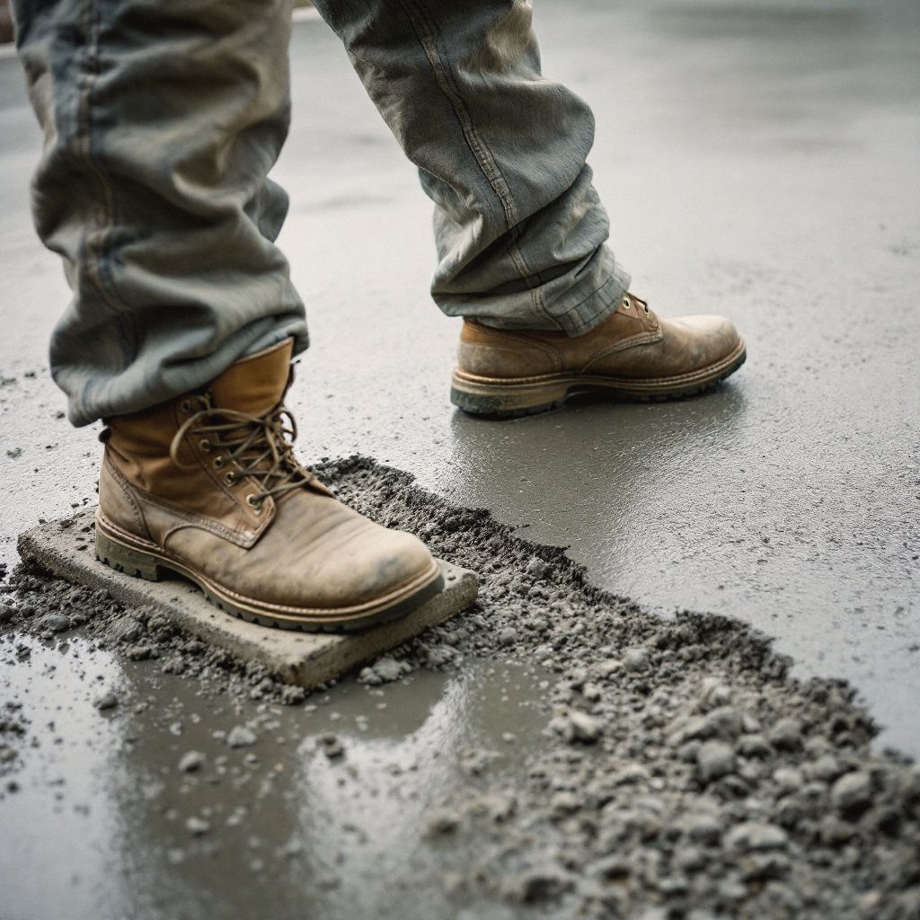 Concrete finisher working a fresh slab on knee boards
