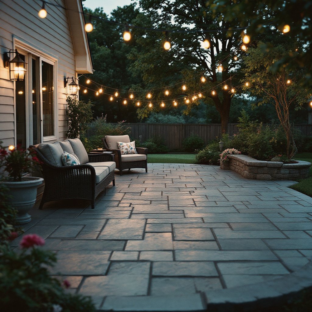Stamped concrete patio in a slate pattern behind a Fishers home at dusk