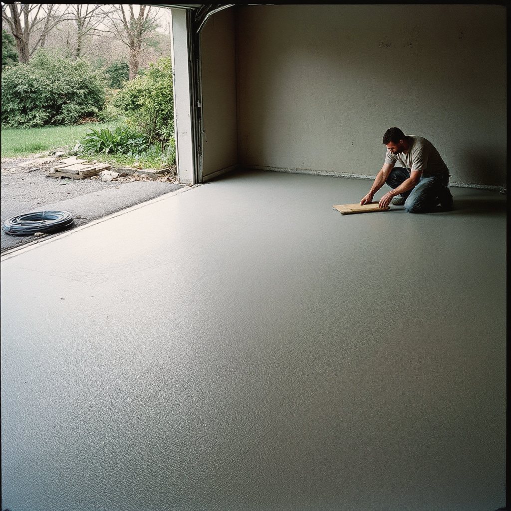 Freshly floated interior garage slab with window light across the surface